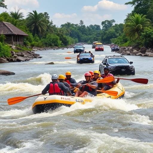 A group of rafters navigating the rapids on the Nile River in Jinja