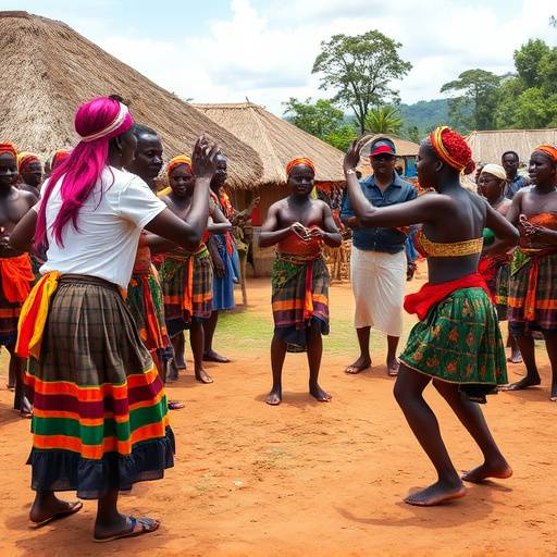 A group of tourists participating in a traditional dance performance in a Ugandan village