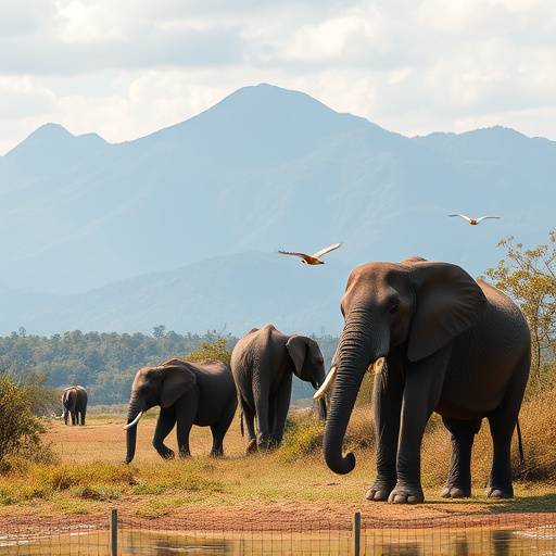 A herd of elephants grazing in Queen Elizabeth National Park with the Rwenzori Mountains in the background