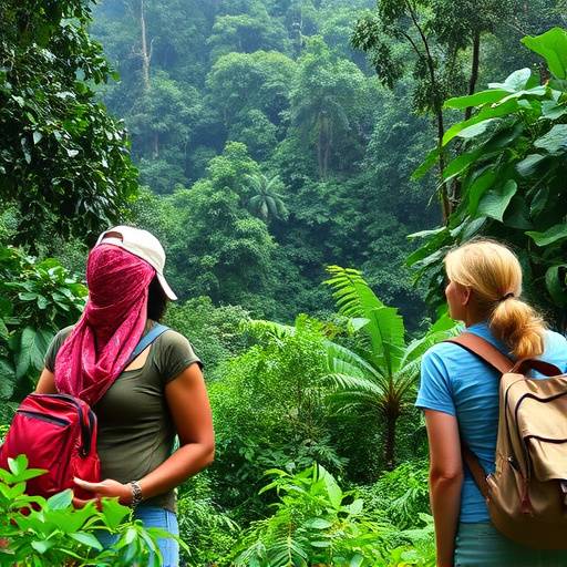 A tourist observing a family of gorillas in Bwindi Impenetrable National Park