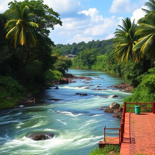 A view of the Nile River in Jinja, Uganda, with rapids and lush greenery along the banks