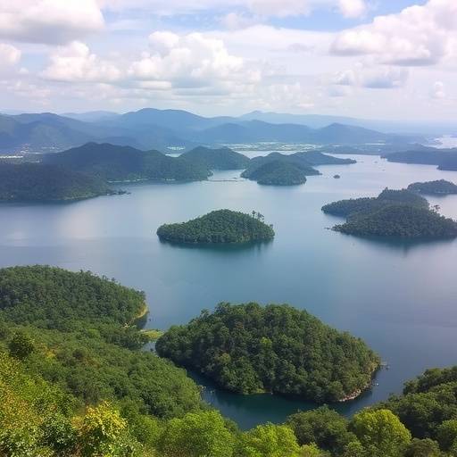 Panoramic view of Lake Bunyonyi with its small islands and surrounding hills