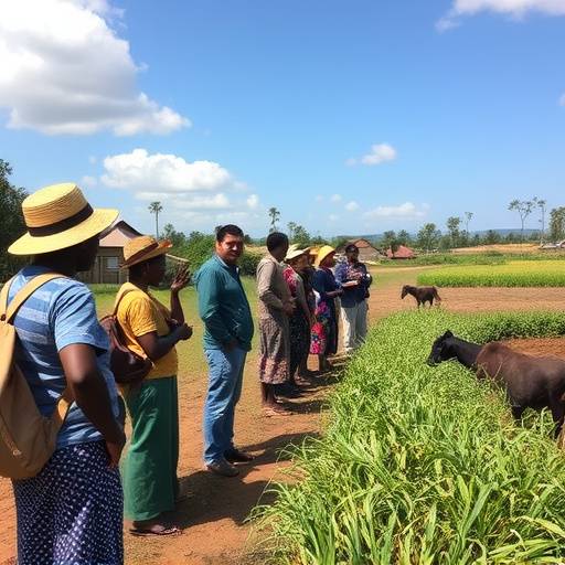 Tourists helping with agricultural activities in a rural Ugandan village