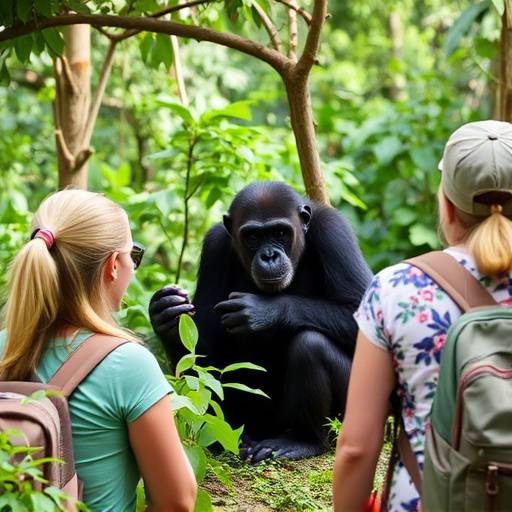 Tourists observing chimpanzees in Kibale National Park