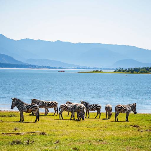 Zebras grazing near the shore of Lake Mburo within Lake Mburo National Park